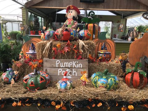 Painted pumpkins and the Pumpkin Patch sign on a hay bale display (fall 2020)